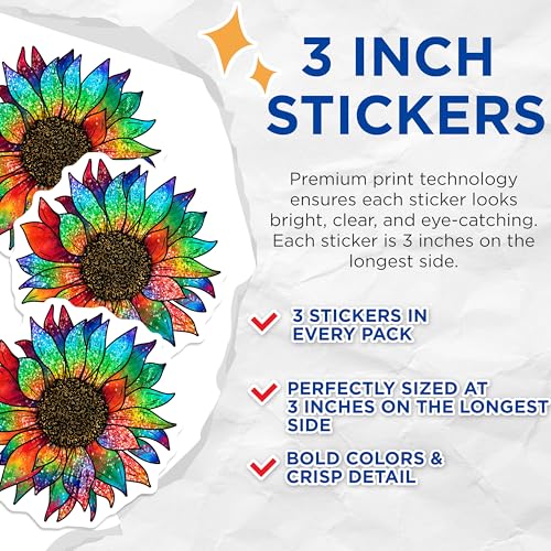 (3 Pack) Rainbow Sunflower Decals - Colorful Floral Art - Laptop Decal Stickers - 3 Inches On Longest Side - Easy Peel & Apply - Made in USA - 3MCS4455
