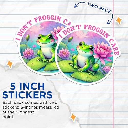 (2 Pack) I Don't Froggin Care Stickers - Frog - Cute Animals - 5" On Longest Side - Sticks to Smooth Flat Surfaces - Made in USA - BMCS7615