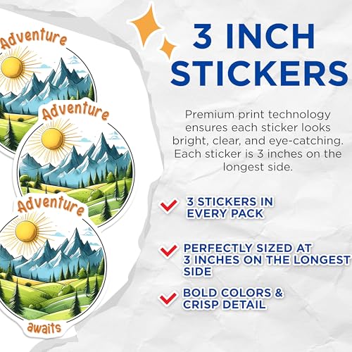 (3 Pack) Adventure Awaits Decals - Mountain Landscape - Nature Laptop Stickers - 3 Inches On Longest Side - Easy Peel & Apply - Made in USA - 3MCS2046