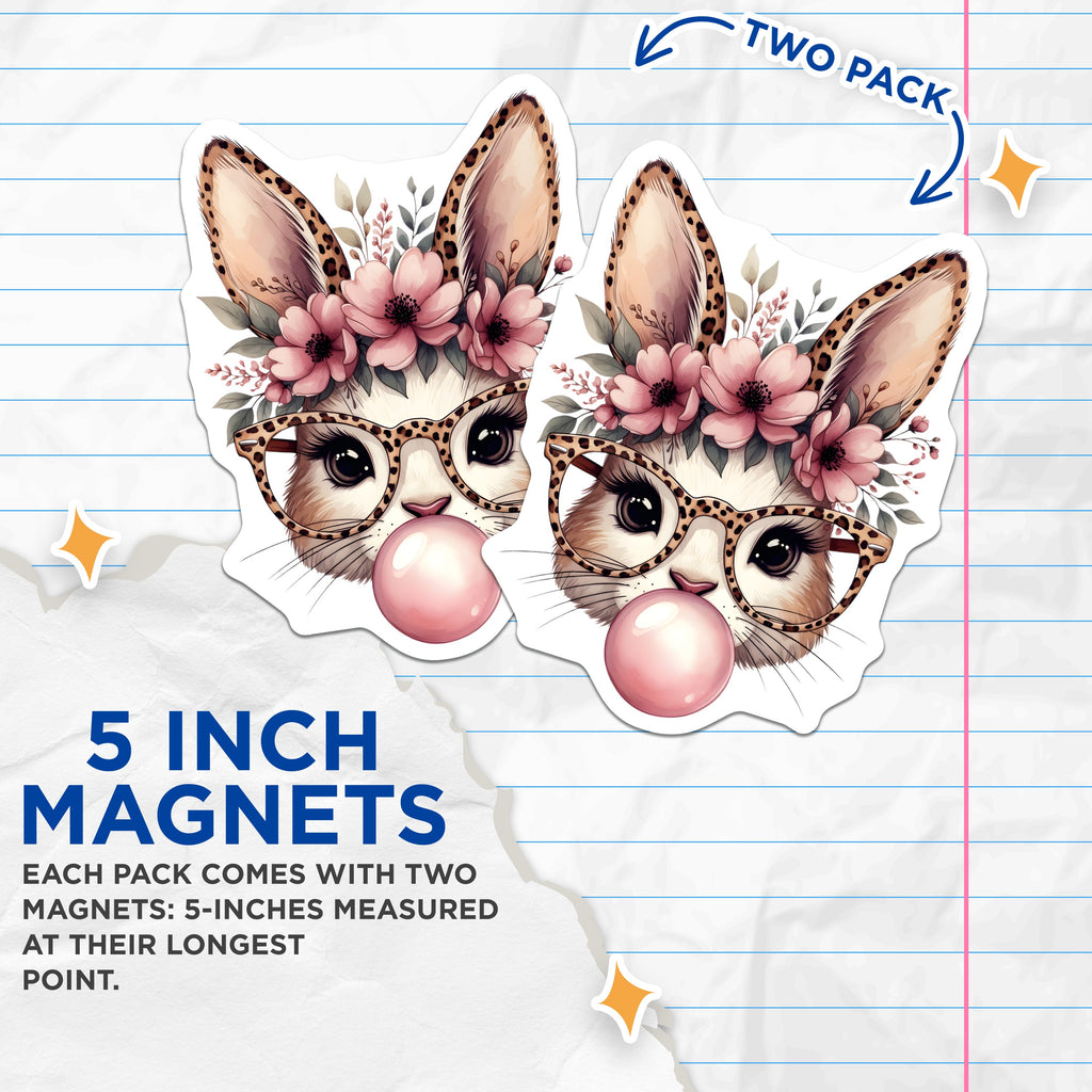 (2 Pack) Cute Bunny Bubblegum Magnets - Animal Lover Fridge Decor - Leopard Print Boho Chic Art - Whimsical Aesthetic Fun - 5 Inches On Longest Side - Thick Durable Magnet - Made in USA - MAG37431