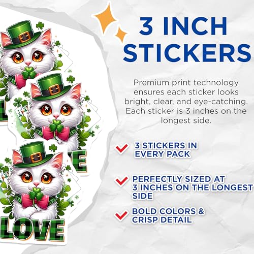 (3 Pack) St Patricks Day Cat Decals - Love Cat Stickers - Leprechaun Hat Decals - 3 Inches On Longest Side - Easy Peel & Apply - Made in USA - 3MCS6869
