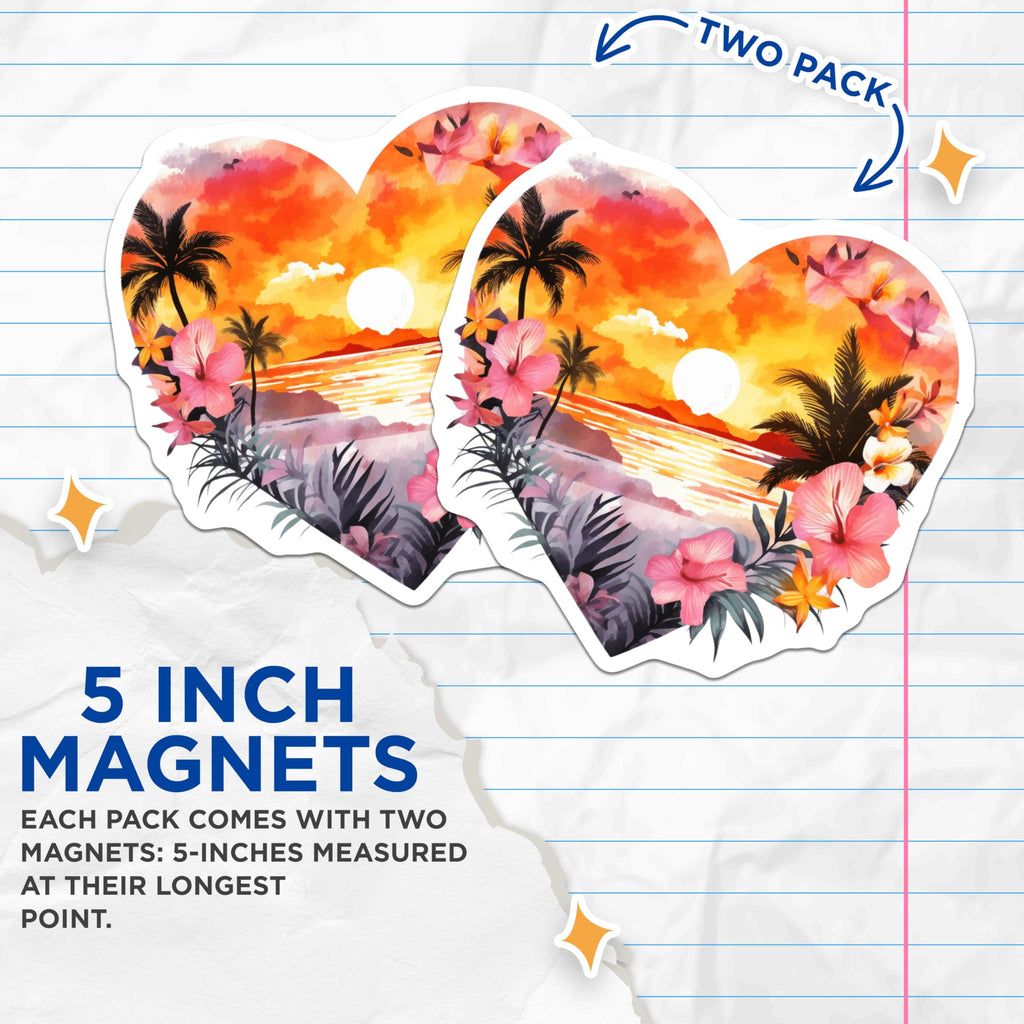 (2 Pack) Tropical Sunset Scene Magnets - Heart Shape Beach Decor - Palm Tree Hibiscus Ocean Art Watercolor - 5 Inches On Longest Side - Thick Durable Magnet - Made in USA - MAG23164