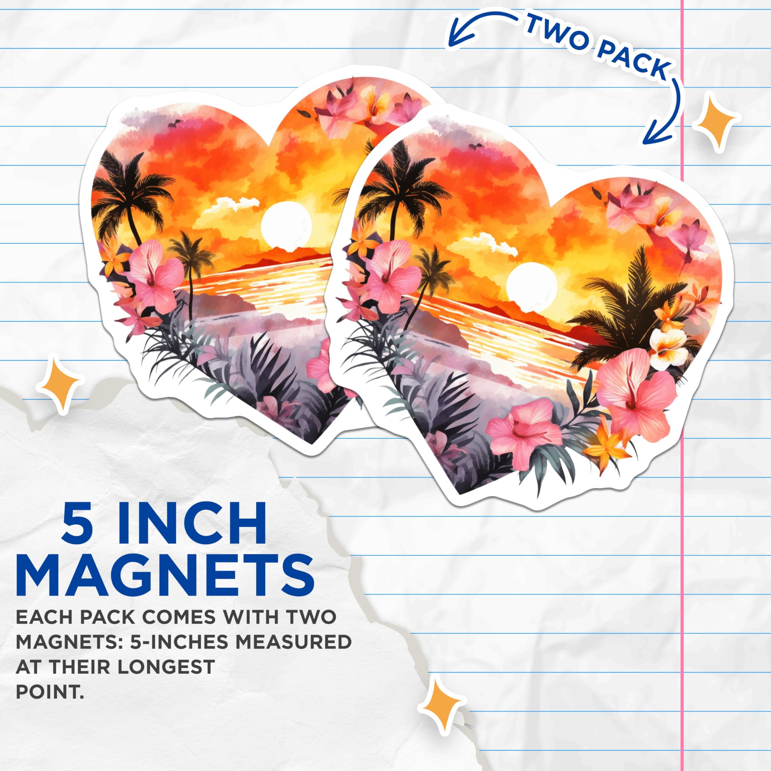 (2 Pack) Tropical Sunset Scene Magnets - Heart Shape Beach Decor - Palm Tree Hibiscus Ocean Art Watercolor - 5 Inches On Longest Side - Thick Durable Magnet - Made in USA - MAG23164