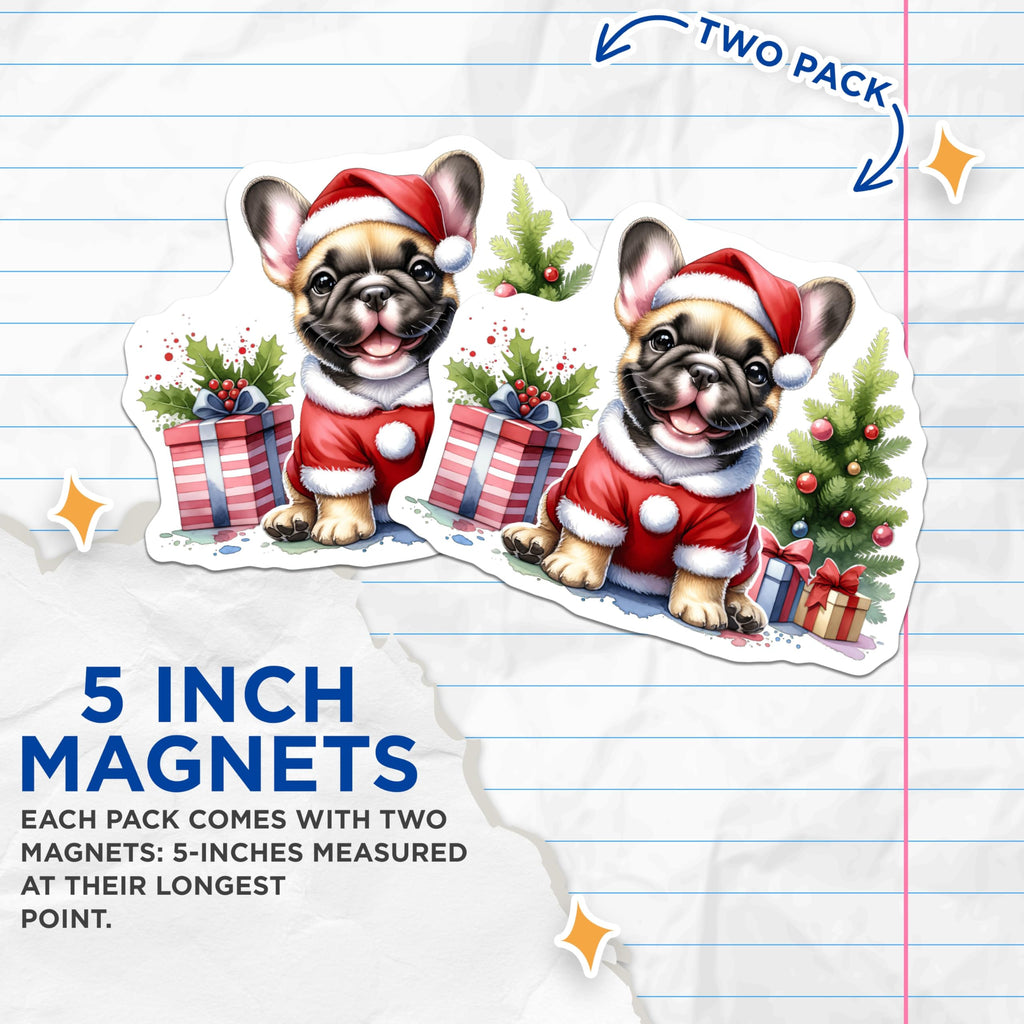 (2 Pack) French Bulldog Christmas Magnets - Santa Puppy Holiday Decor - Cute Frenchie Dog Lover Stocking Stuffer - 5 Inches On Longest Side - Thick Durable Magnet - Made in USA - MAG26864