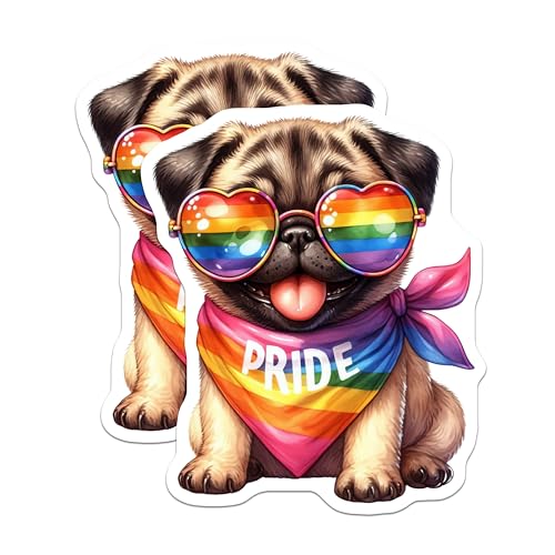 (2 Pack) Pride Pug Stickers - Cute Pug with Sunglasses - Rainbow Dog Decal - LGBTQIA+ Pride - 5" On Longest Side - Sticks to Smooth Flat Surfaces - Made in USA - BMCS7265