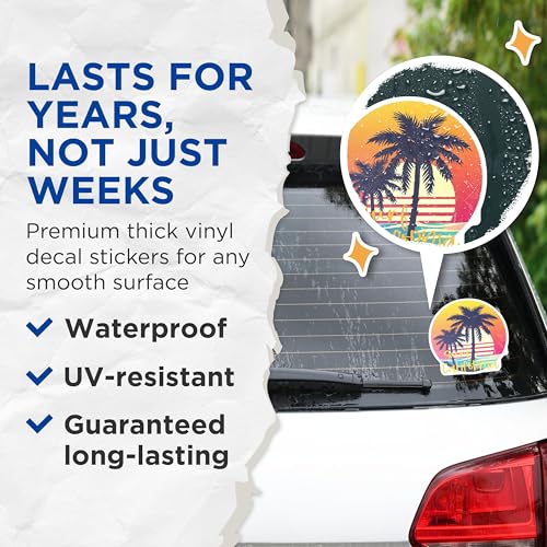 (2 Pack) Surf California Stickers - Palm Tree Sunset Stickers - Summer Beach Vacation Stickers - 5" On Longest Side - Sticks to Smooth Flat Surfaces - Made in USA - BMCS4320