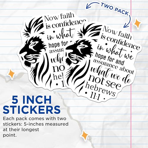 (2 Pack) Inspirational Quote Stickers - Hebrews 11:1 Lion Design - Faith Motivation Decal - 5" On Longest Side - Sticks to Smooth Flat Surfaces - Made in USA - BMCS3846