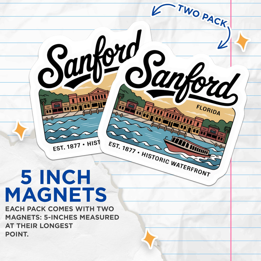 (2 Pack) Sanford Florida Magnets - Historic Waterfront - Travel Souvenir Magnets - 5" On Longest Side - Premium Magnet - for Cars, Refrigerators, Toolboxes, Lockers - Made in USA - MAG17391