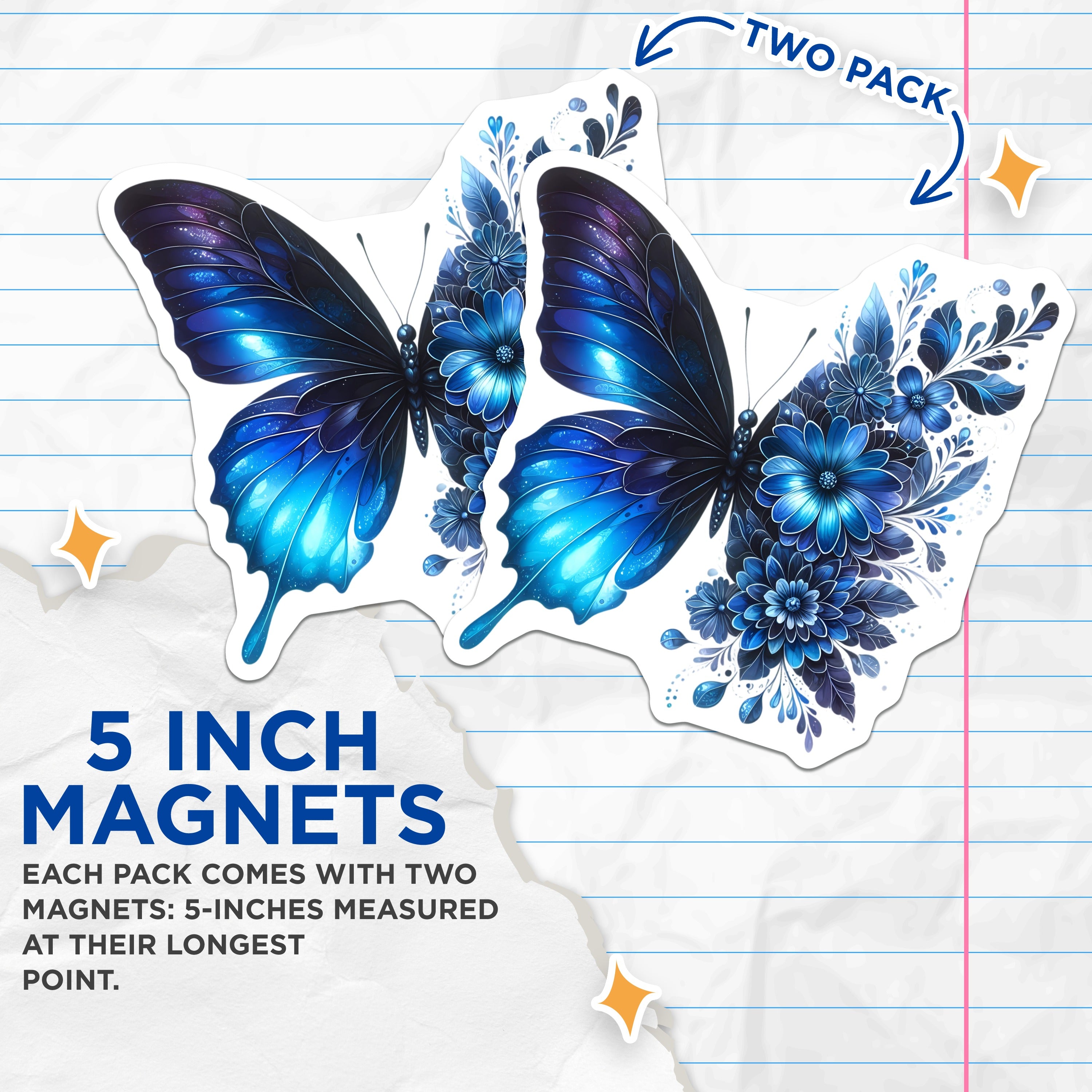 (2 Pack) Blue Butterfly Magnets - Mystical Floral Refrigerator Decor - Ethereal Nature Art - Unique Home Accessories - 5 Inches On Longest Side - Thick Durable Magnet - Made in USA - MAG38698