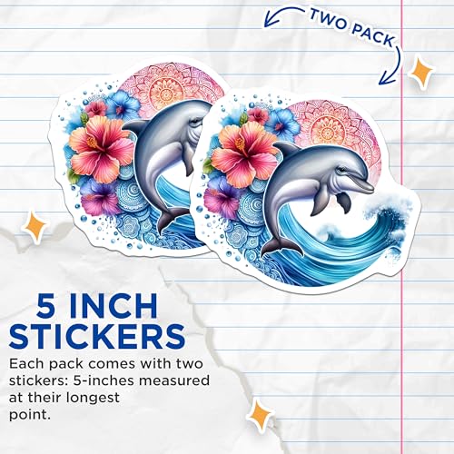 (2 Pack) Dolphin Stickers - Ocean Theme Stickers - Colorful Floral Stickers - 5" On Longest Side - Sticks to Smooth Flat Surfaces - Made in USA - BMCS9489