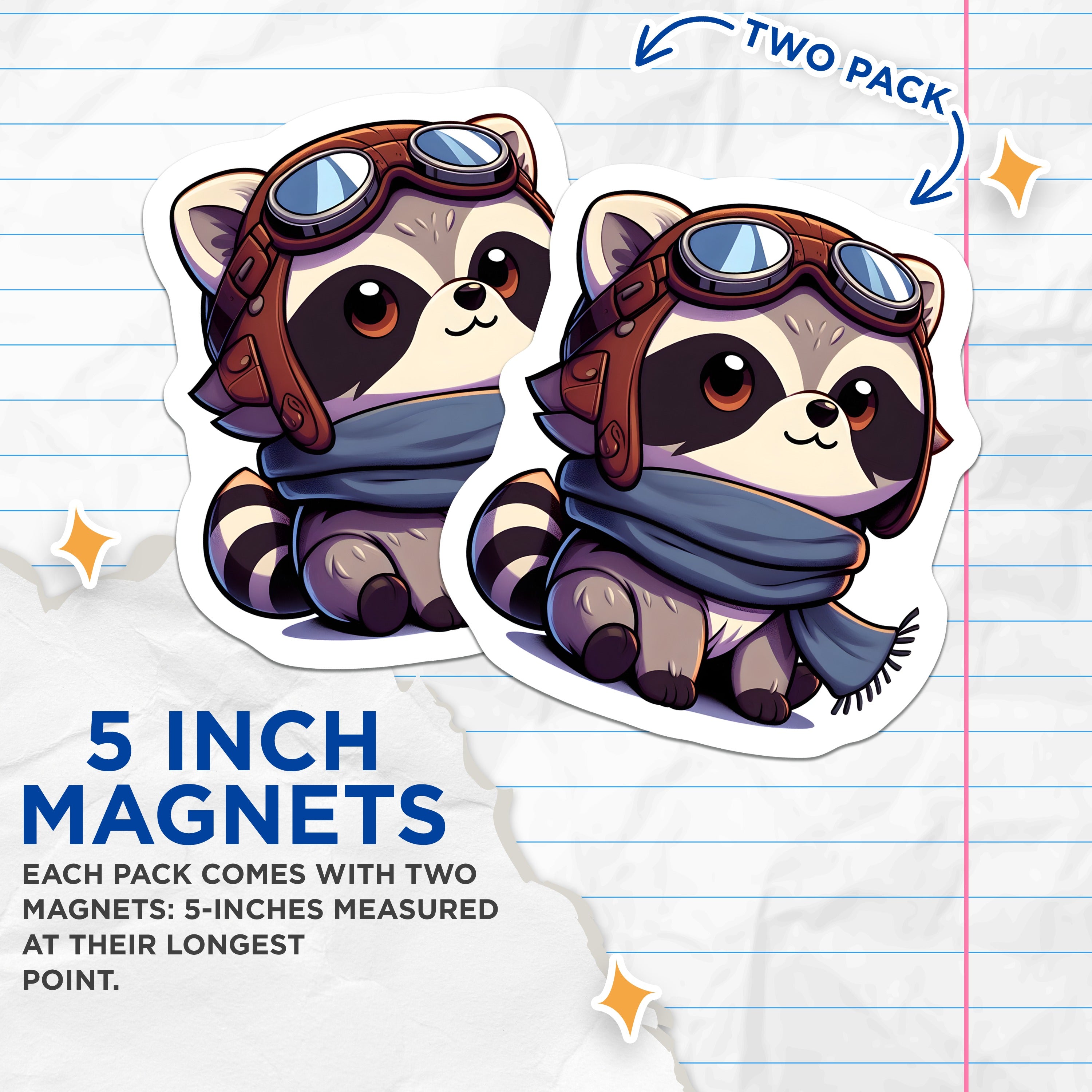 (2 Pack) Cute Raccoon Aviator Magnets - Chibi Animal Lover - Whimsical Pilot Decor - 5 Inches On Longest Side - Thick Durable Magnet - Made in USA - MAG39835