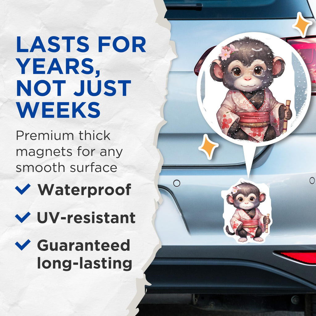 (2 Pack) Monkey Magnets - Kimono Monkey - Floral Monkey Art - 5" On Longest Side - Premium Magnet - for Cars, Refrigerators, Toolboxes, Lockers - Made in USA - MAG17114