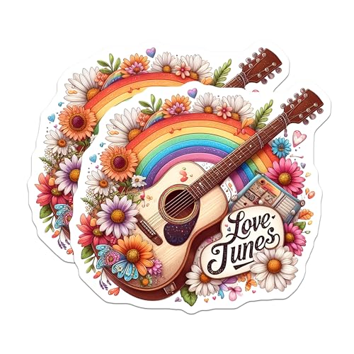 (2 Pack) Love Tunes Magnets Magnets - Retro Guitar - Rainbow Floral Art Decor - 5" On Longest Side - Made in USA - Sticks to Refrigerators & Metal Surfaces - MAG8841