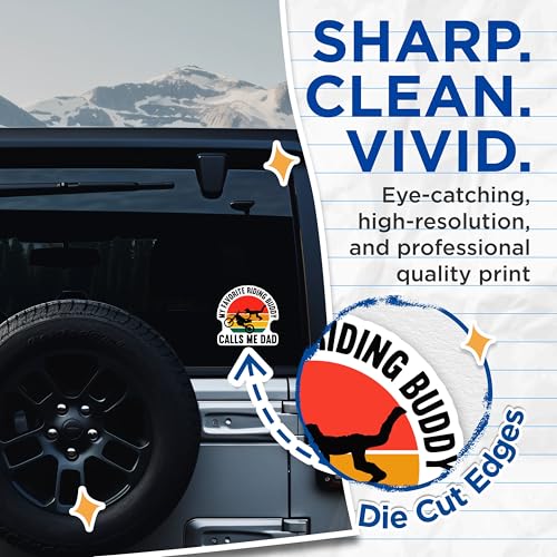 (2 Pack) Dad Riding Buddy Stickers - Motorcycle Dad Stickers - Dirt Bike Riding Dad Stickers - 5" On Longest Side - Sticks to Smooth Flat Surfaces - Made in USA - BMCS5840