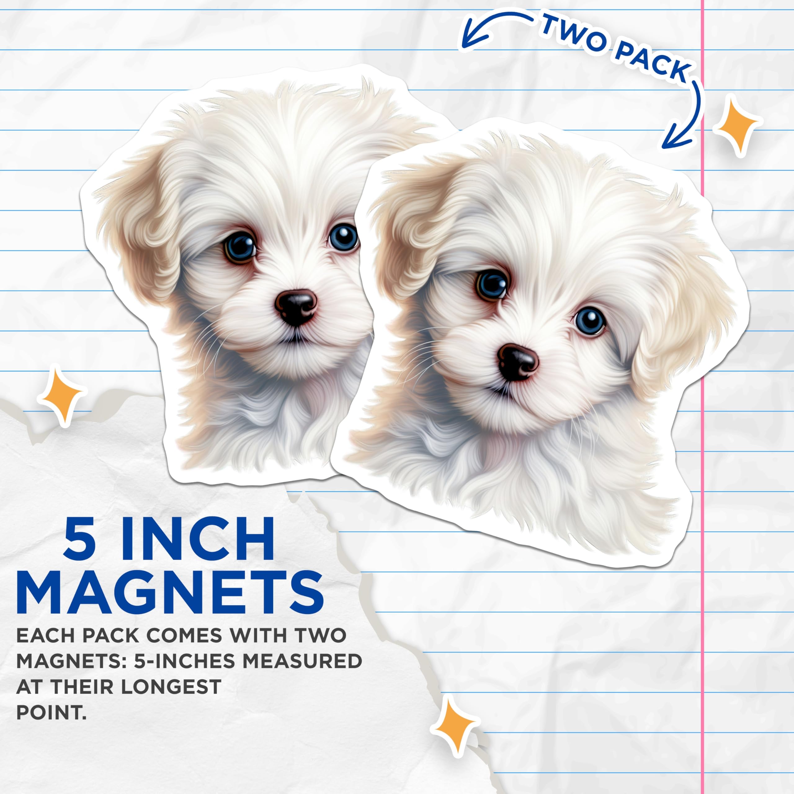 (2 Pack) Cute Puppy Magnets - Fluffy White Dog Lover Decor - Adorable Pet Owner Refrigerator Accents - 5 Inches On Longest Side - Thick Durable Magnet - Made in USA - MAG29472