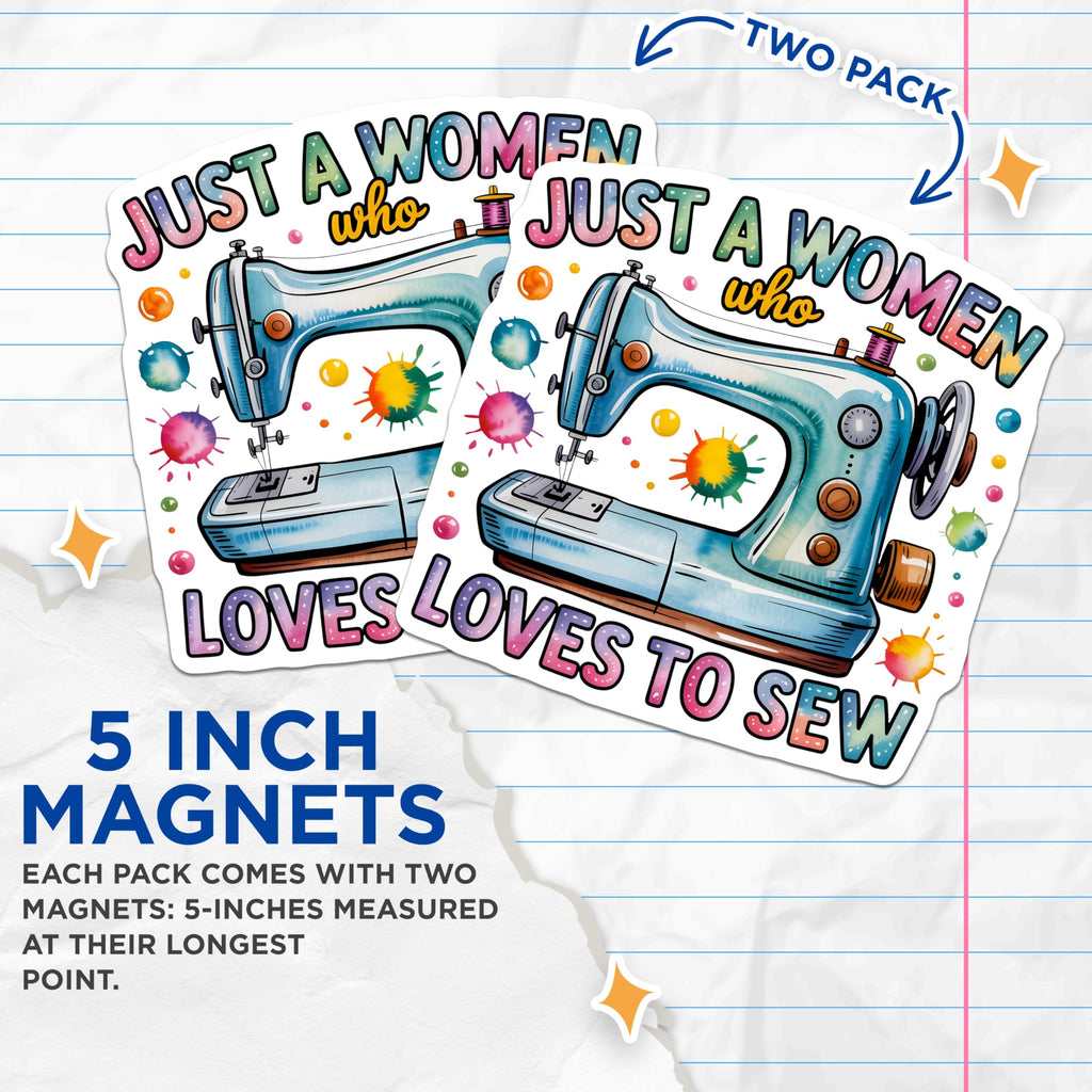 (2 Pack) Sewing Machine Magnets - Woman Who Loves to Sew - Crafter Refrigerator Decor - 5 Inches On Longest Side - Thick Durable Magnet - Made in USA - MAG29823