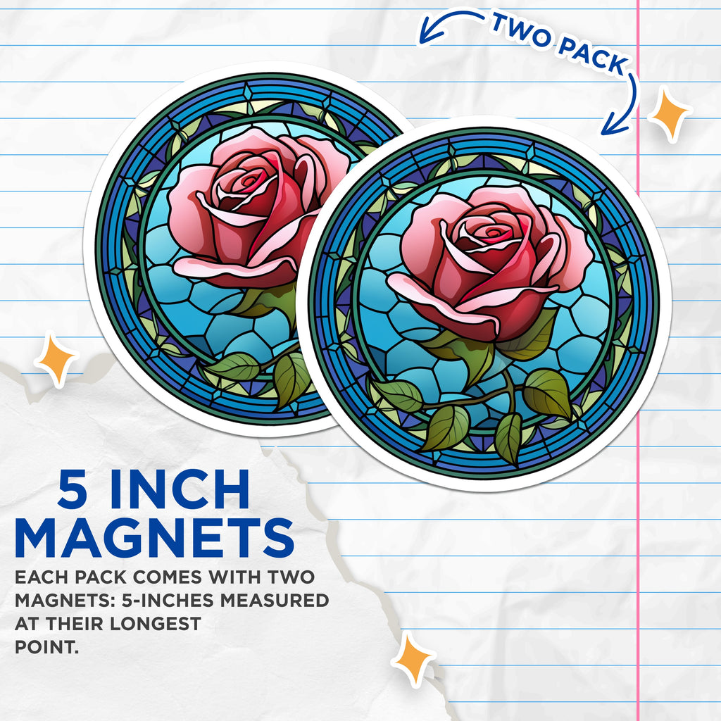 (2 Pack) Stained Glass Rose Magnets - Faux Art Deco Flower Art - Vibrant Floral Fridge Decor - 5 Inches On Longest Side - Thick Durable Magnet - Made in USA - MAG37999
