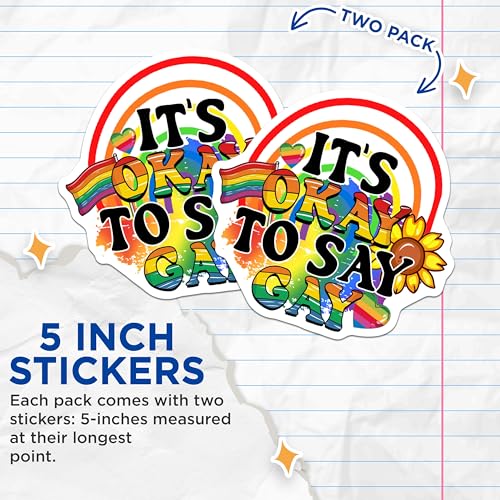 (2 Pack) It's Okay to Say Gay Stickers - Rainbow Pride - LGBTQ+ Support - 5" On Longest Side - Sticks to Smooth Flat Surfaces - Made in USA - BMCS9186