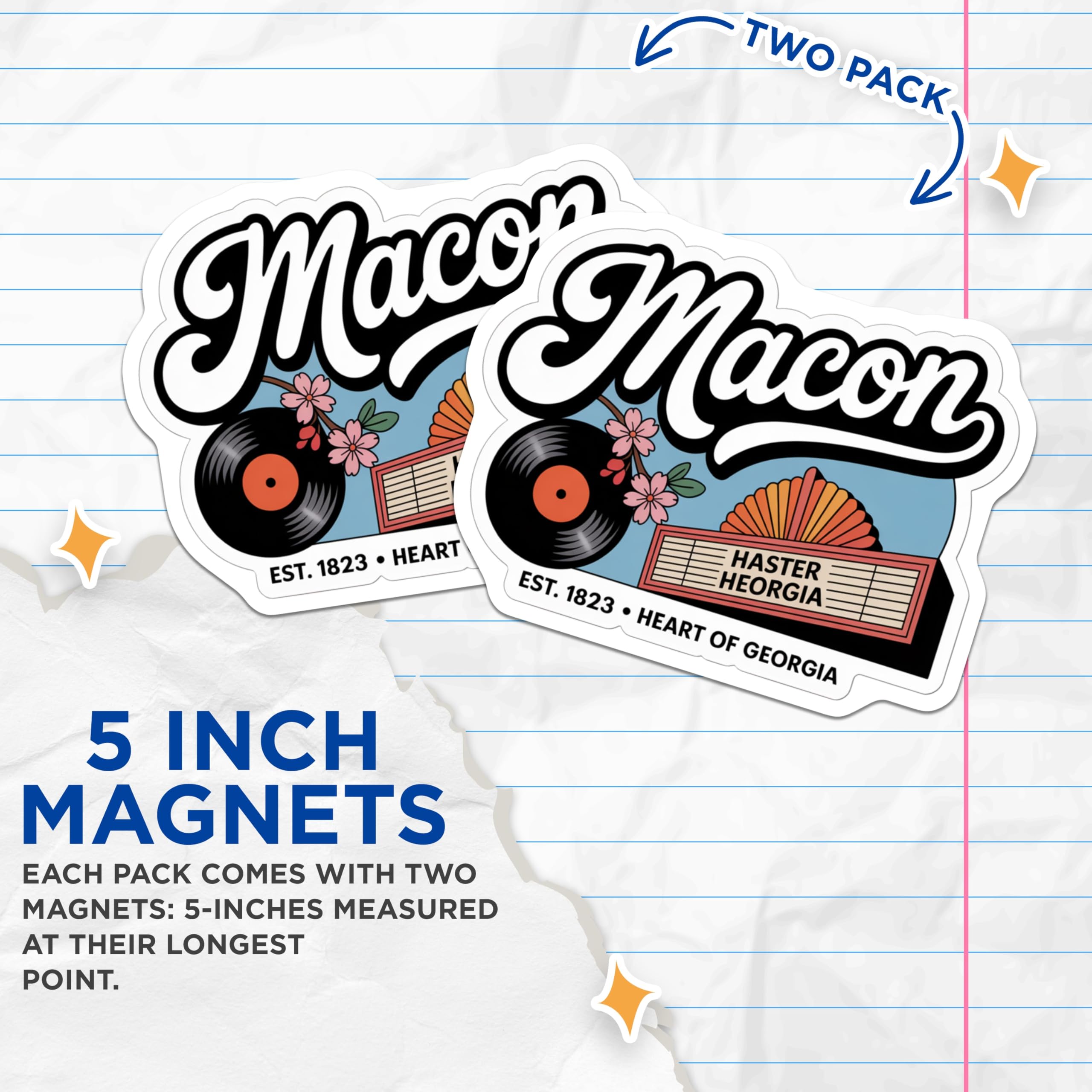 (2 Pack) Macon Georgia Magnets - Heart of Georgia - Retro City Souvenir - 5" On Longest Side - Premium Magnet - for Cars, Refrigerators, Toolboxes, Lockers - Made in USA - MAG17275