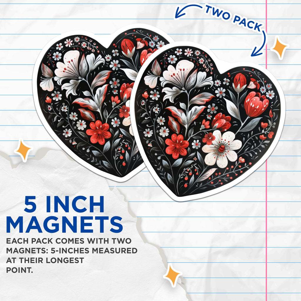 (2 Pack) Heart Floral Magnets - Folk Art Botanical Decor - Romantic Kitchen Accessory - Aesthetic Home Accent - 5 Inches On Longest Side - Thick Durable Magnet - Made in USA - MAG36281