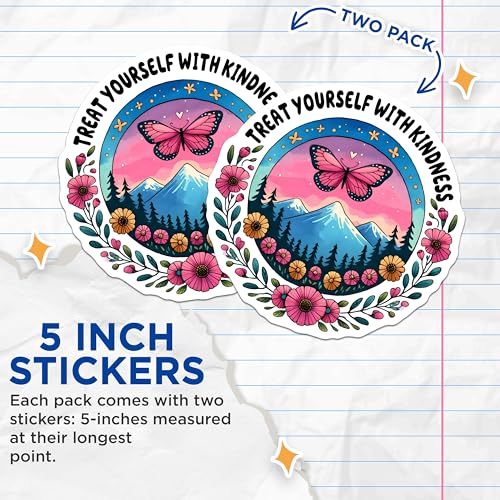 (2 Pack) Treat Yourself with Kindness Stickers - Butterfly Mountain Stickers - Positive Affirmation Stickers - 5" On Longest Side - Sticks to Any Smooth Flat Surface - Made in USA - BMCS3222