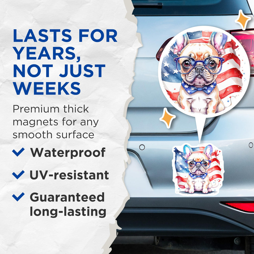 (2 Pack) French Bulldog Magnets - Patriotic Pup with American Flag - Fridge Decor Dog Lover - 5" On Longest Side - Premium Magnet - for Cars, Refrigerators, Toolboxes, Lockers - Made in USA - MAG15014