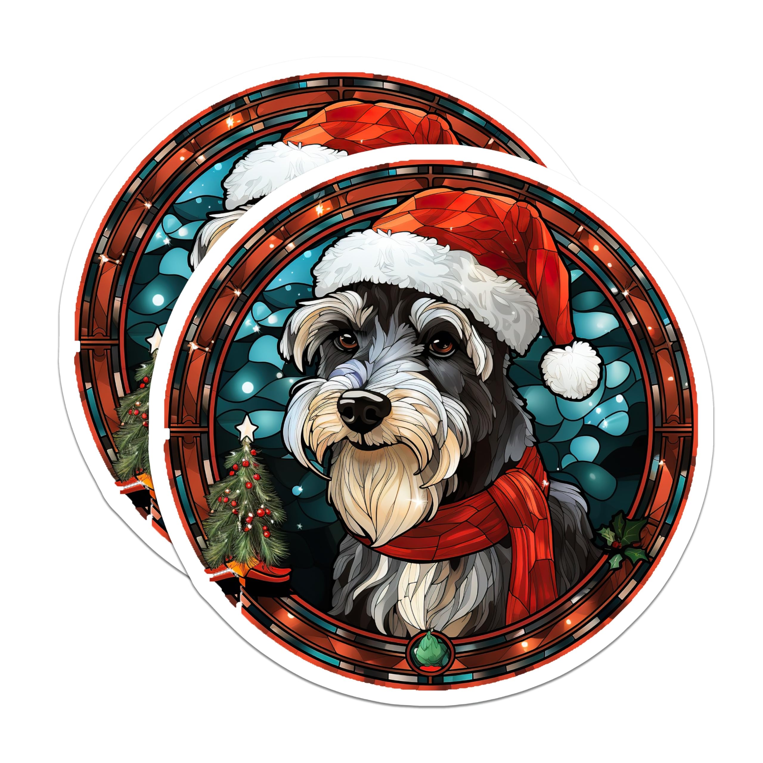 (2 Pack) Christmas Schnauzer Magnets - Stained Glass Dog - Holiday Pet Magnets - 5 Inches On Longest Side - Thick Durable Magnet - Made in USA - MAG30423