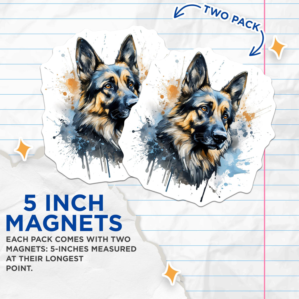 (2 Pack) German Shepherd Magnets - Watercolor Dog Art - Pet Lover Decor - 5 Inches On Longest Side - Thick Durable Magnet - Made in USA - MAG26477