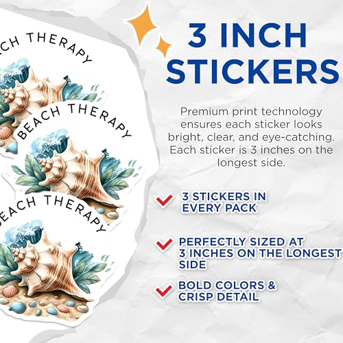 (3 Pack) Beach Therapy Decals - Ocean Shells - Relaxation Decals - 3 Inches On Longest Side - Easy Peel & Apply - Made in USA - 3MCS8041