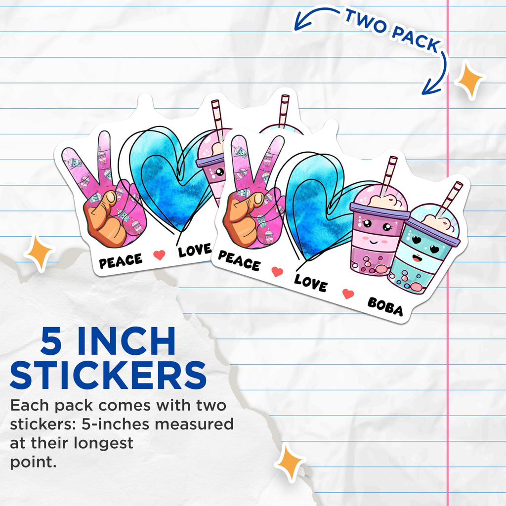 (2 Pack) Peace Love Boba Stickers - Cute Kawaii - Bubble Tea - 5" On Longest Side - Sticks to Smooth Flat Surfaces - Made in USA - BMCS7748
