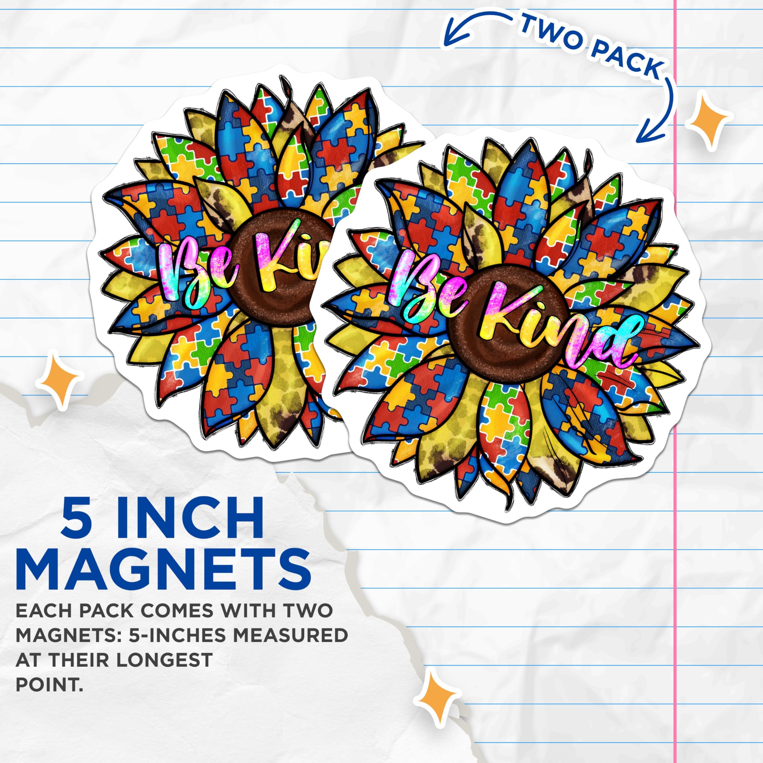 (2 Pack) Autism Awareness Magnets - Puzzle Piece Sunflower - Be Kind Inclusion Decor - 5 Inches On Longest Side - Thick Durable Magnet - Made in USA - MAG24714