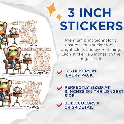 (3 Pack) Frog Tea Decals - Book Lover Stickers - Whimsical Art Decals - 3 Inches On Longest Side - Easy Peel & Apply - Made in USA - 3MCS7074