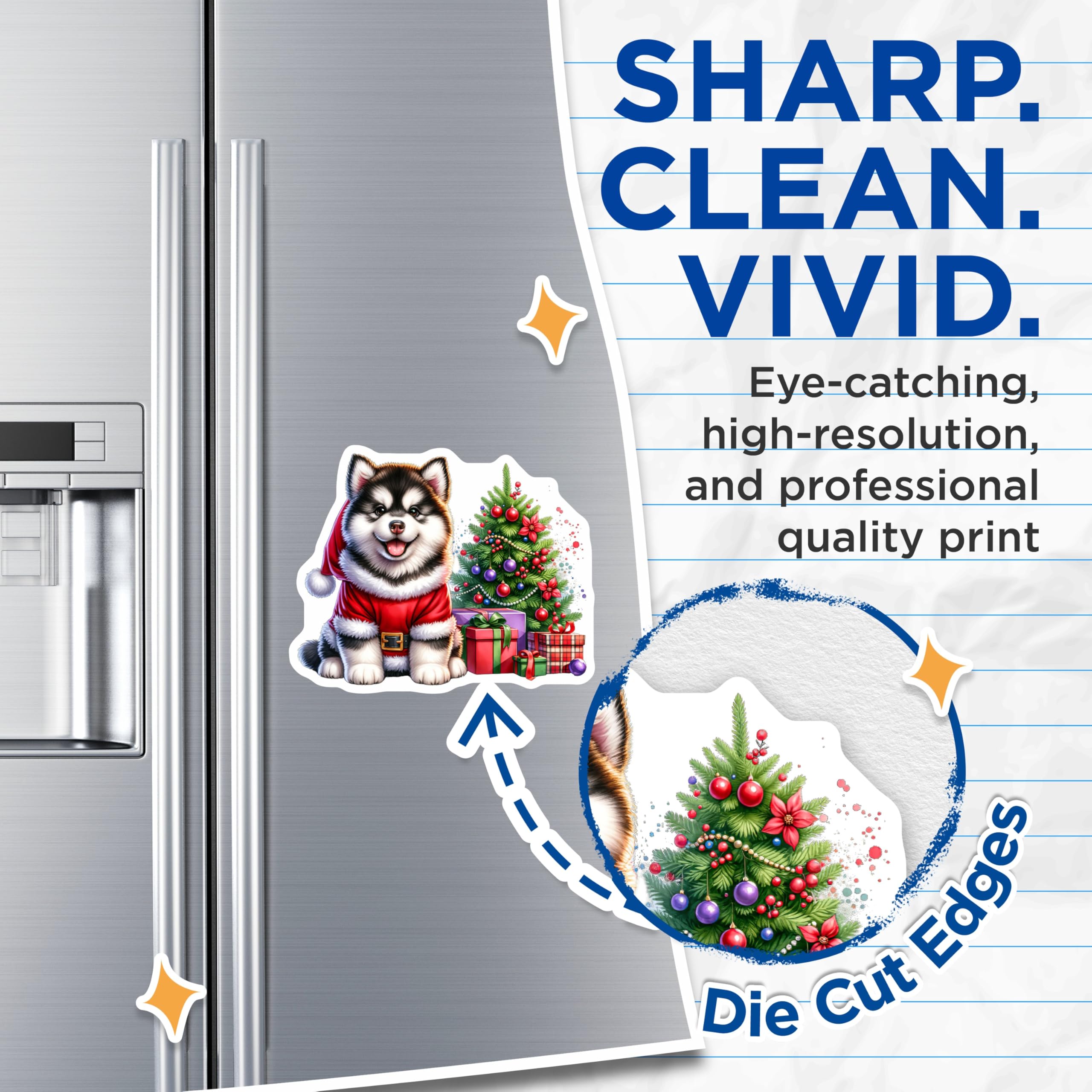 (2 Pack) Cute Puppy Christmas Magnets - Santa Dog Holiday Decor - Husky Malamute Lover - Refrigerator Kitchen Home Decoration - 5 Inches On Longest Side - Thick Durable Magnet - Made in USA - MAG30531