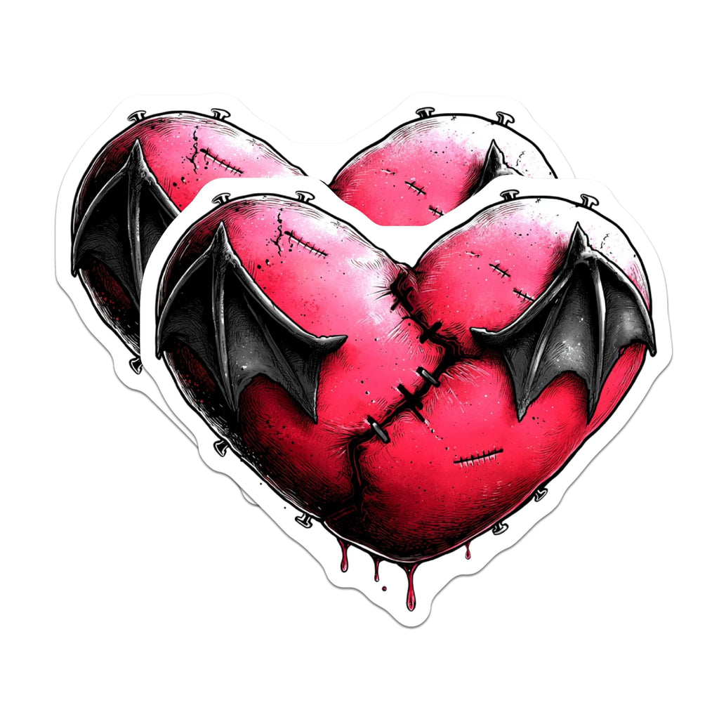 (2 Pack) Gothic Stitched Heart Magnets - Bat Wings Vampire Decor - Dark Aesthetic Refrigerator Art - Halloween Locker Magnets - 5 Inches On Longest Side - Thick Durable Magnet - Made in USA - MAG22135