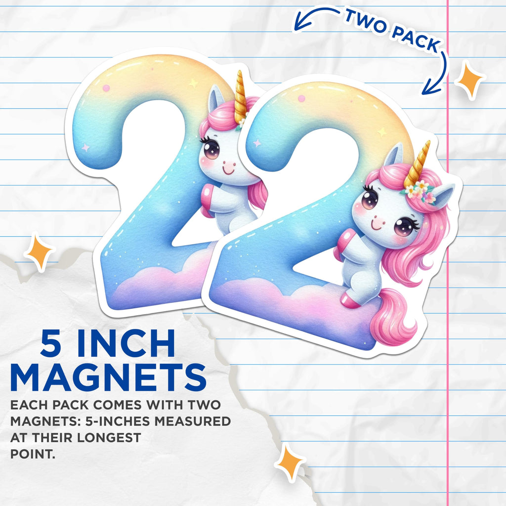 (2 Pack) Number Two Unicorn Magnets - Birthday Party Decor - Kids Room Adornment - 5" On Longest Side - Premium Magnet - for Cars, Refrigerators, Toolboxes, Lockers - Made in USA - MAG14414