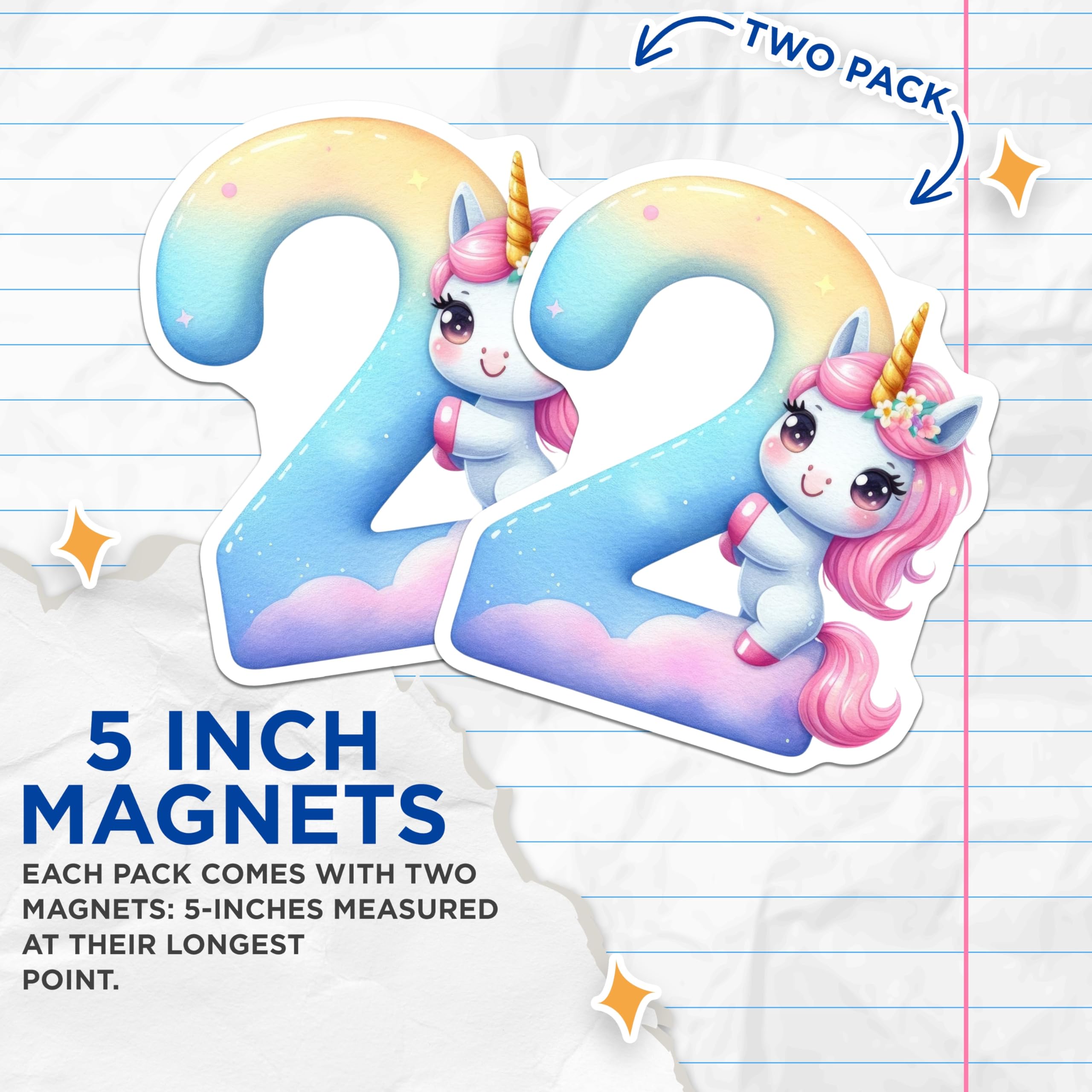 (2 Pack) Number Two Unicorn Magnets - Birthday Party Decor - Kids Room Adornment - 5" On Longest Side - Premium Magnet - for Cars, Refrigerators, Toolboxes, Lockers - Made in USA - MAG14414