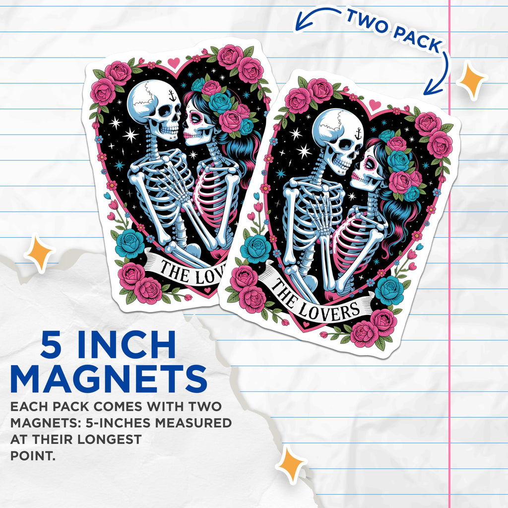 (2 Pack) Skeleton Lovers Magnets - Romantic Sugar Skulls Art - Gothic Day of the Dead Decor - 5 Inches On Longest Side - Thick Durable Magnet - Made in USA - MAG21816