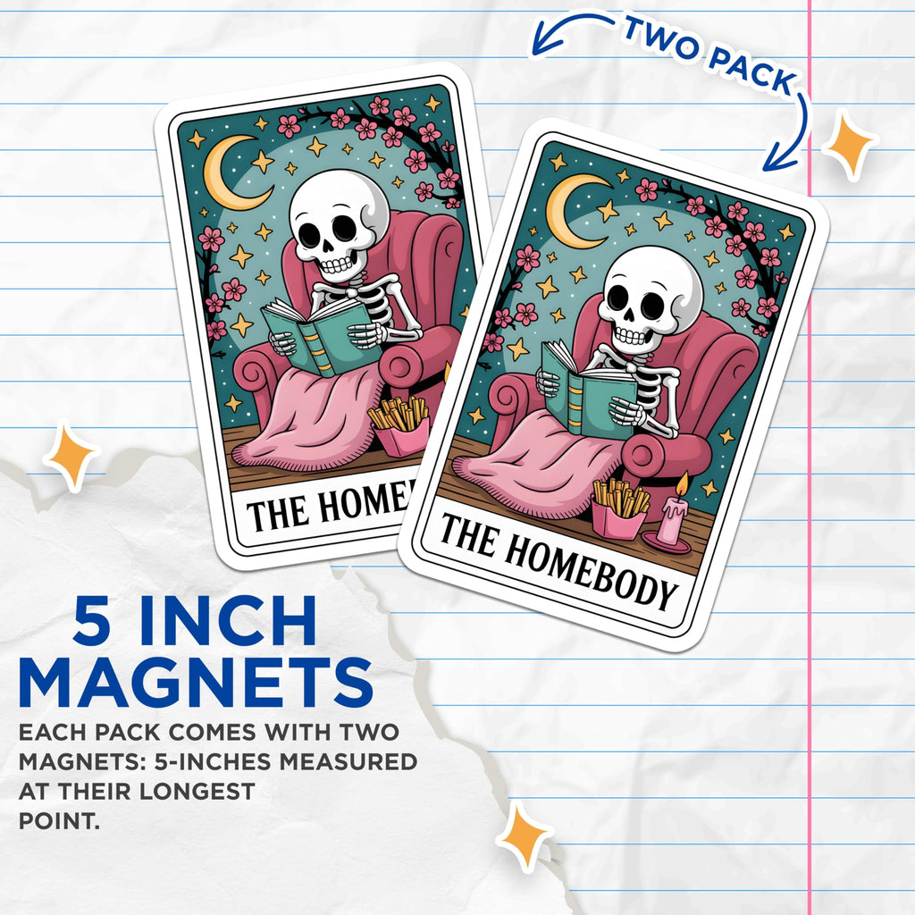 (2 Pack) Homebody Skeleton Magnets - Tarot Card Aesthetic - Cozy Reading Bookworm Decor - Moon Stars Cherry Blossom - 5 Inches On Longest Side - Thick Durable Magnet - Made in USA - MAG22917