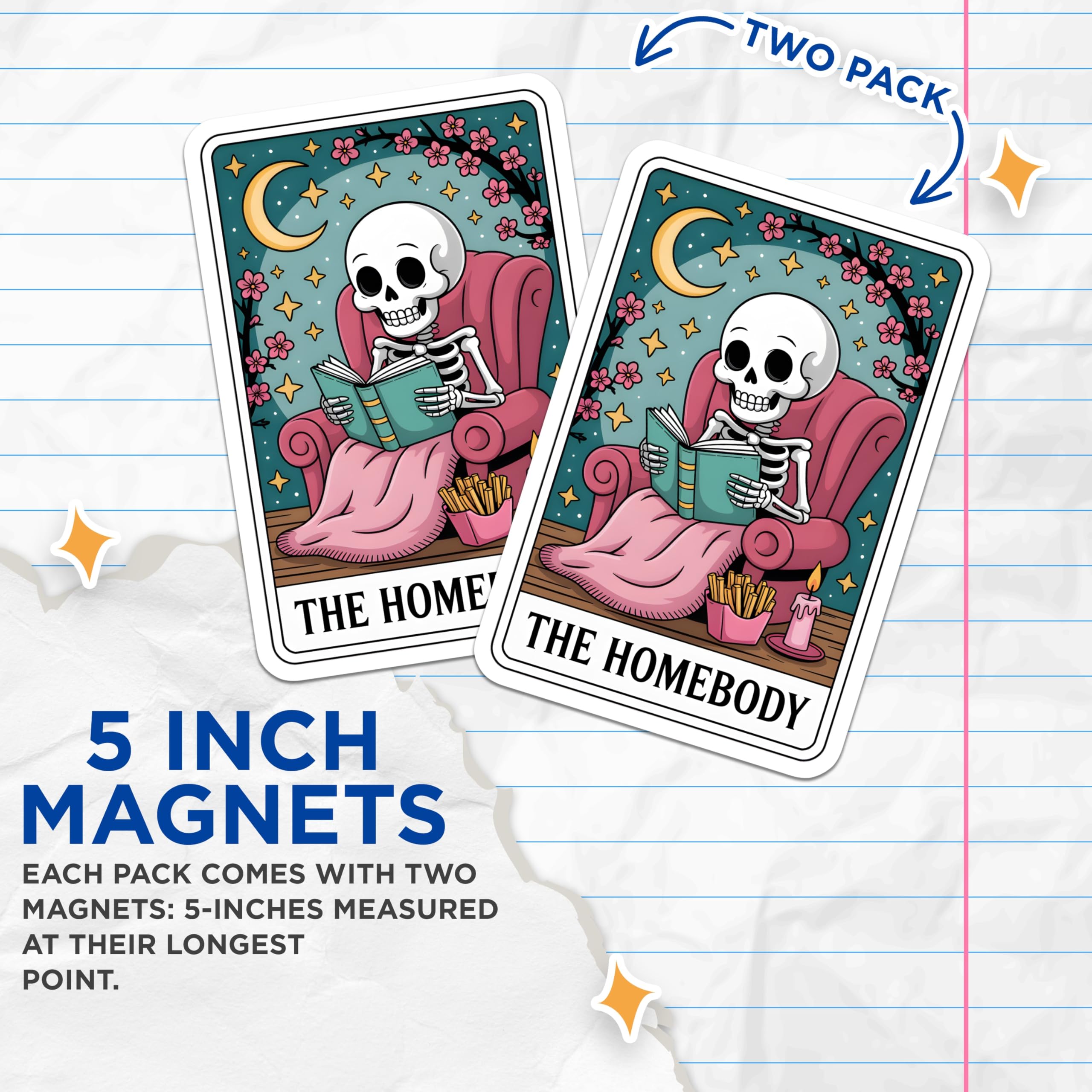 (2 Pack) Homebody Skeleton Magnets - Tarot Card Aesthetic - Cozy Reading Bookworm Decor - Moon Stars Cherry Blossom - 5 Inches On Longest Side - Thick Durable Magnet - Made in USA - MAG22917