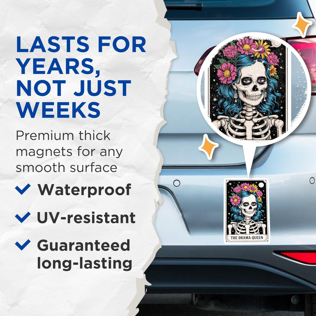 (2 Pack) Drama Queen Skeleton Magnets - Floral Blue Hair Day of the Dead - Gothic Tarot Card Art Fridge Decor - 5 Inches On Longest Side - Thick Durable Magnet - Made in USA - MAG20965