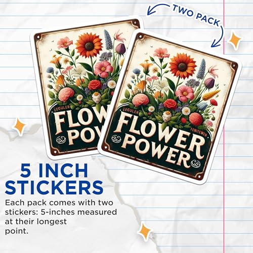 (2 Pack) Flower Power Stickers - Colorful Floral Stickers - Botanical Art Stickers - 5" On Longest Side - Sticks to Smooth Flat Surfaces - Made in USA - BMCS6396