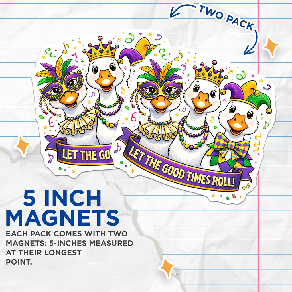 (2 Pack) Mardi Gras Goose Magnets - Funny Holiday Magnets - Celebration Fridge Locker Decor - 5" On Longest Side - Premium Magnet - for Cars, Refrigerators, Toolboxes, Lockers - Made in USA - MAG16781