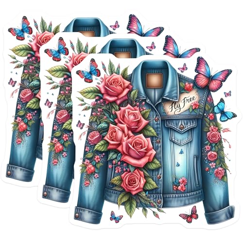 (3 Pack) Denim Jacket Decals - Floral Rose Design - Butterfly Laptop Stickers - 3 Inches On Longest Side - Easy Peel & Apply - Made in USA - 3MCS7641