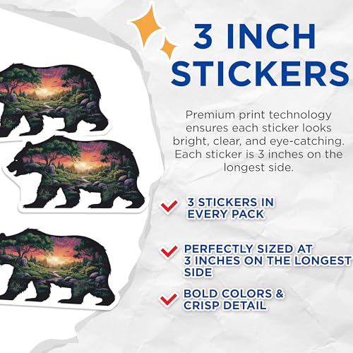 (3 Pack) Bear Silhouette Decals - Landscape Art Decals - Sunset Scenery Stickers- 3 Inches On Longest Side - Easy Peel & Apply - Made in USA - 3MCS5179