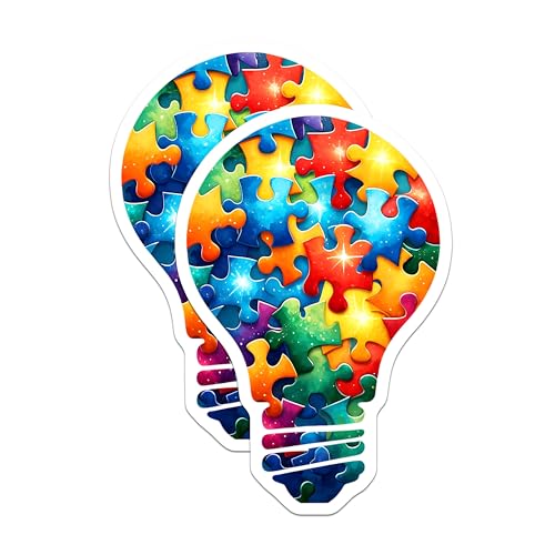 (2 Pack) Colorful Puzzle Piece Lightbulb Stickers - Unique Puzzle Art - Creative Puzzle Light Illustration - 5" On Longest Side - Sticks to Smooth Flat Surfaces - Made in USA - BMCS7898
