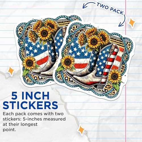 (2 Pack) Patriotic Cowboy Boot Stickers - Sunflower USA Flag - Western Country Style - 5" On Longest Side - Sticks to Smooth Flat Surfaces - Made in USA - BMCS7875