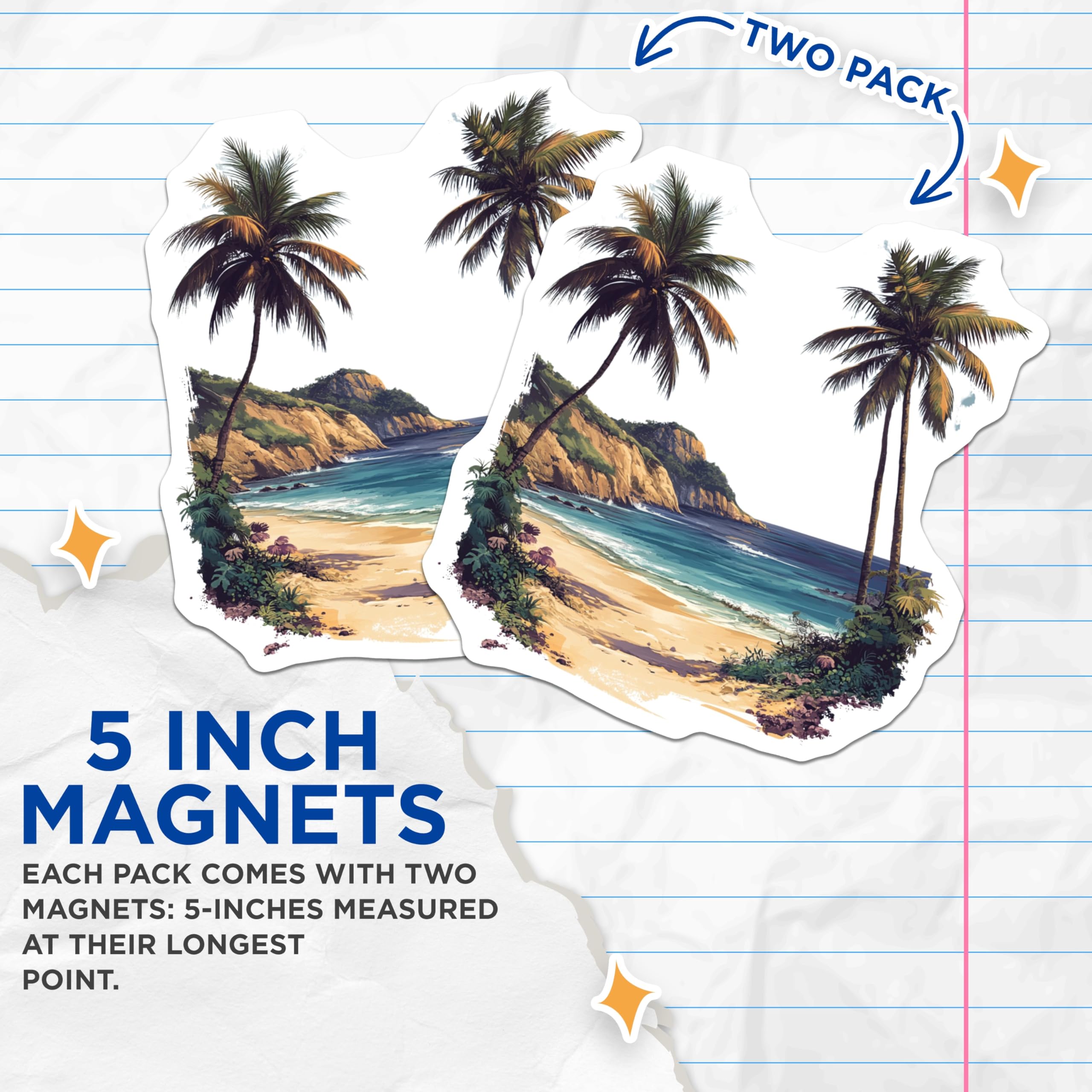 (2 Pack) Tropical Beach Scene Magnets - Ocean Palm Trees - Coastal Aesthetic Decor - 5 Inches On Longest Side - Thick Durable Magnet - Made in USA - MAG28330