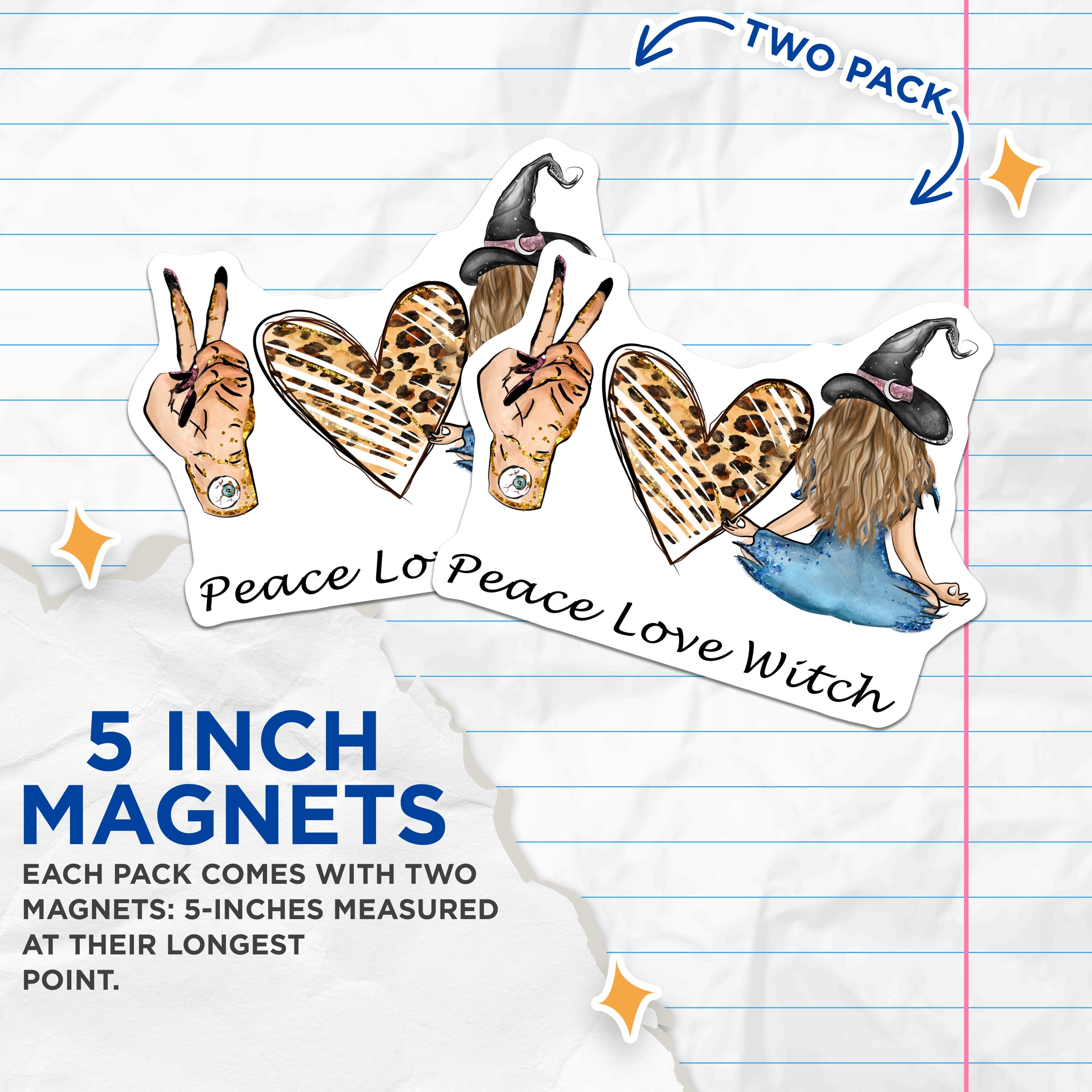 (2 Pack) Peace Love Witch Magnets - Boho Aesthetic Decor - Spiritual Witchy Vibes - Modern Mystical Fridge Magnets - 5 Inches On Longest Side - Thick Durable Magnet - Made in USA - MAG36595