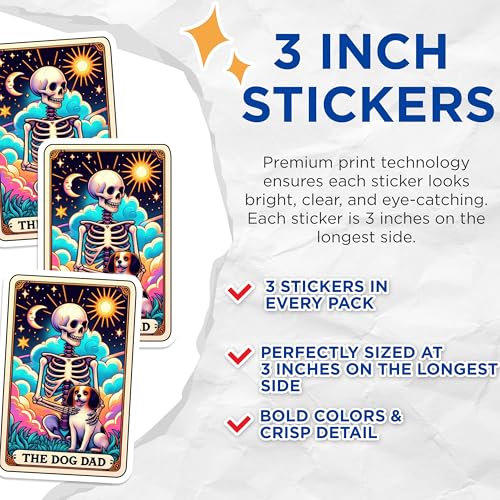 (3 Pack) Dog Dad Tarot Card Decals - Cavalier Spaniel - Spooky Skeleton Laptop - 3 Inches On Longest Side - Easy Peel & Apply - Made in USA - 3MCS4155
