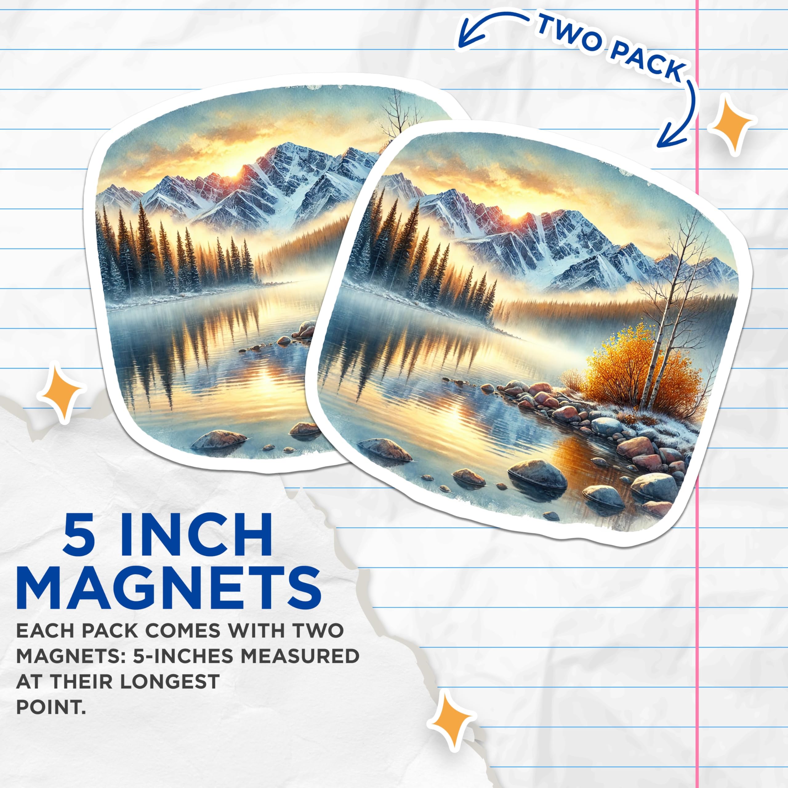 (2 Pack) Mountain Lake Scene Magnets - Nature Landscape Art - Fridge Decor - 5" On Longest Side - Premium Magnet - for Cars, Refrigerators, Toolboxes, Lockers - Made in USA - MAG17698